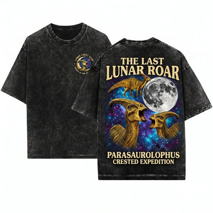 Three Parasaurolophus Moon Dinosaur Galaxy Vintage Retro Prehistoric Nature Graphic Unisex Wash T-Shirt
