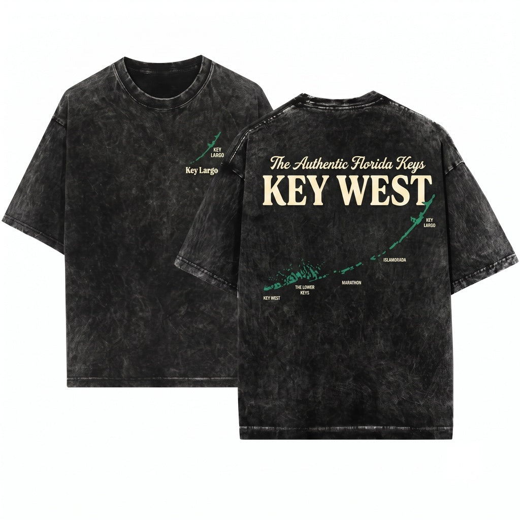 Florida Keys Map West Islands Tropical Coastal Ocean Beach Tourist Vacation Souvenir Graphic Unisex Wash T-Shirt
