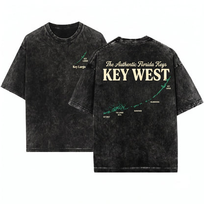 Florida Keys Map West Islands Tropical Coastal Ocean Beach Tourist Vacation Souvenir Graphic Unisex Wash T-Shirt