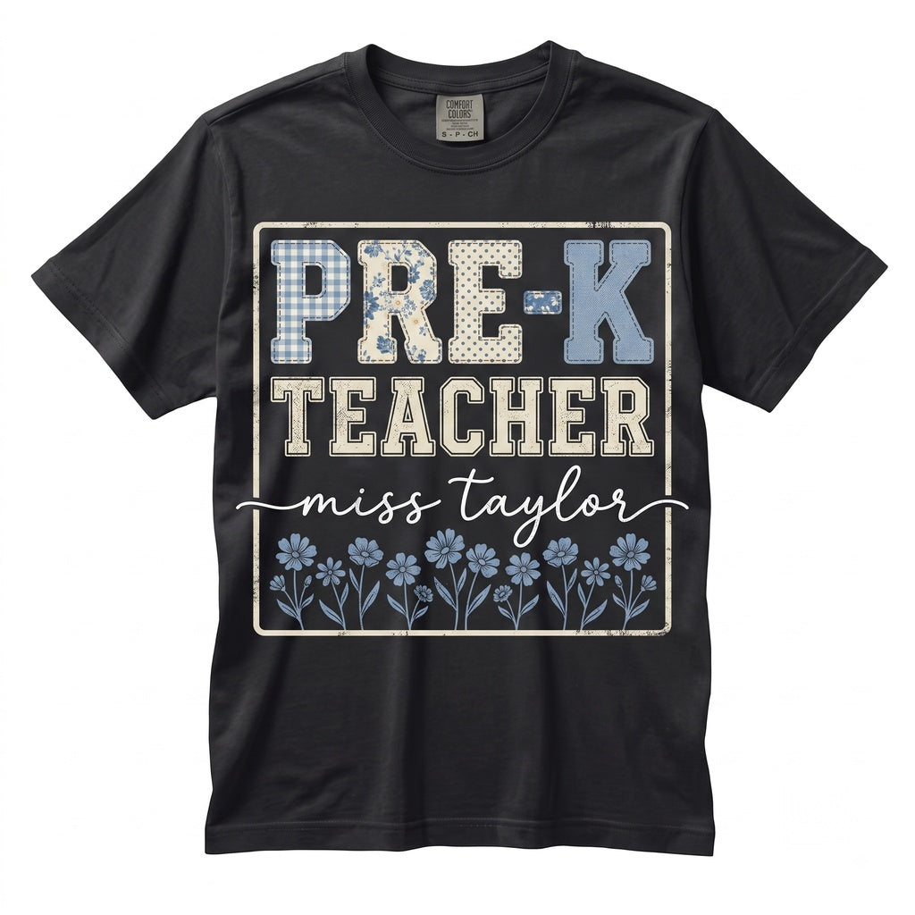Custom Pre-K Teacher Preschool Grade Matching Group Floral Blue Faux Patchwork Educator Back to School Unisex TShirt