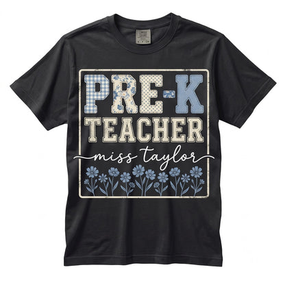 Custom Pre-K Teacher Preschool Grade Matching Group Floral Blue Faux Patchwork Educator Back to School Unisex TShirt