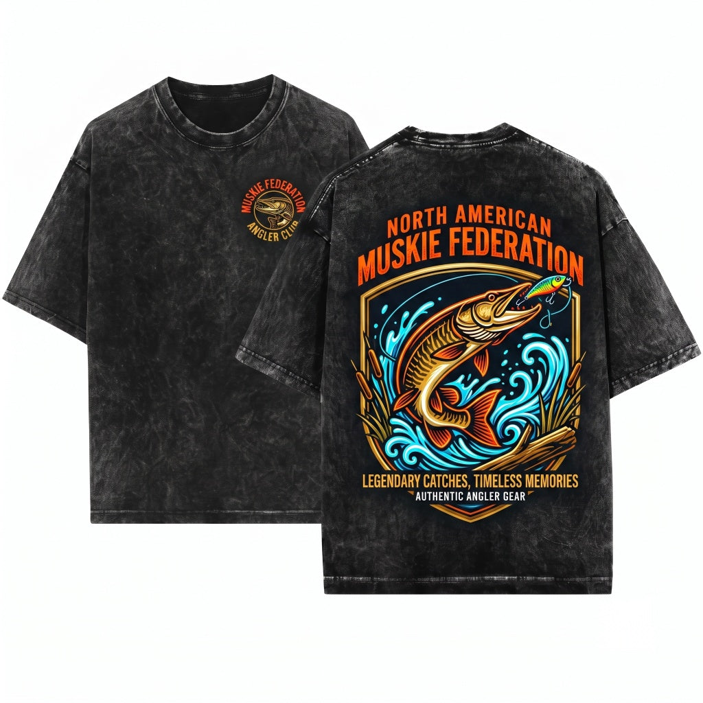 Vintage 90s Retro Muskie Muskellunge Fishing Angler Graphic Lake Nature Aesthetic Fisherman Gift Unisex Wash T-Shirt