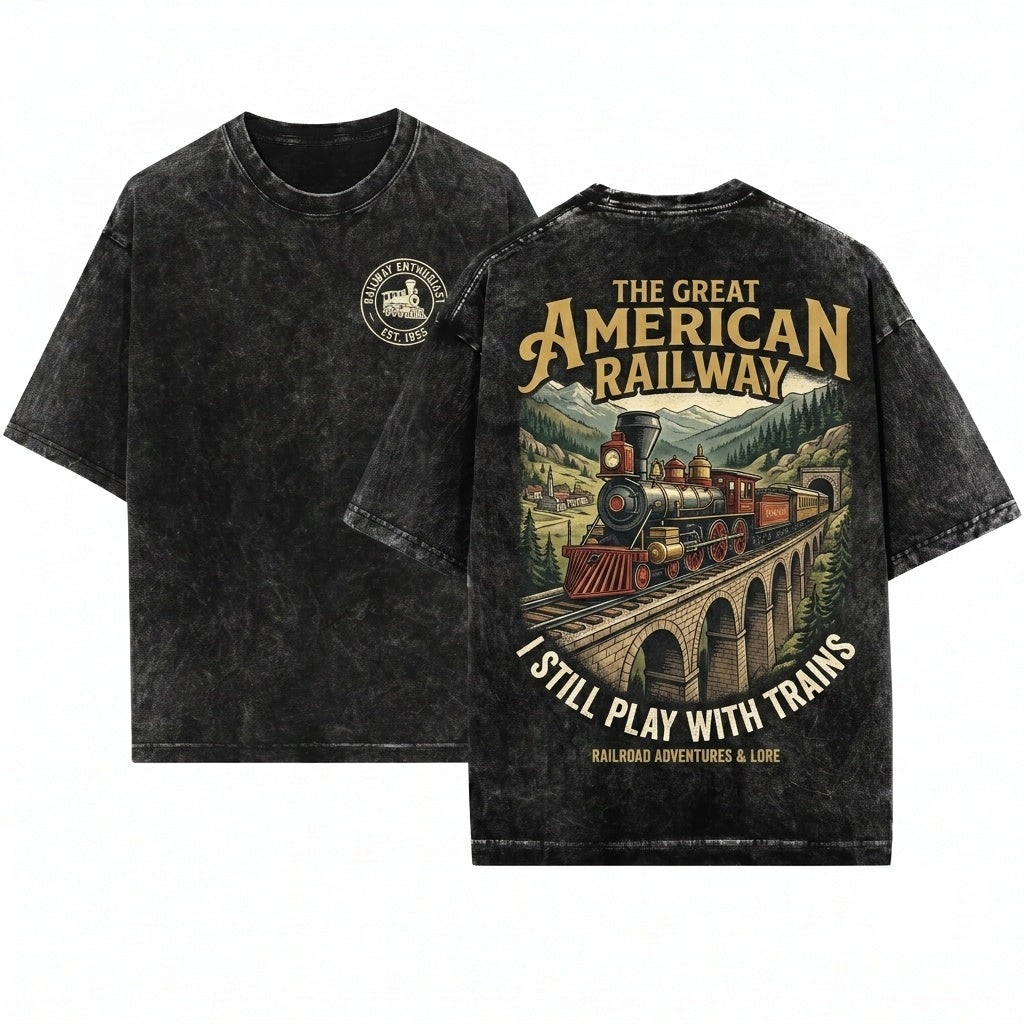 Vintage Steam Train Locomotive Railroad Fan Soft Cotton Graphic Unisex Wash T-Shirt