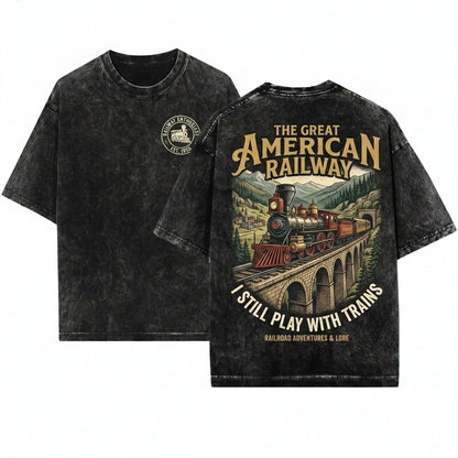 Vintage Steam Train Locomotive Railroad Fan Soft Cotton Graphic Unisex Wash T-Shirt