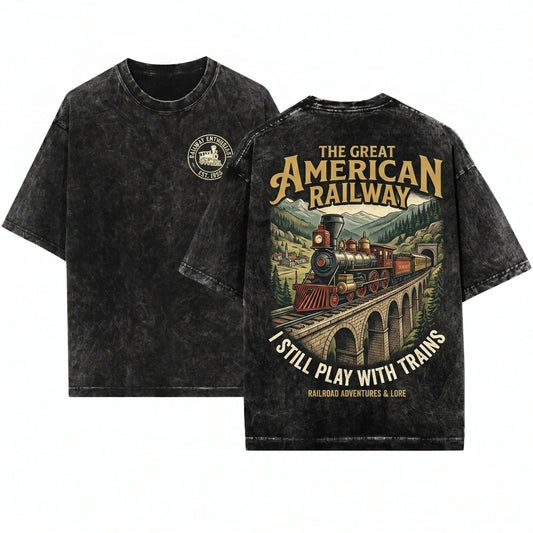 Vintage Steam Train Locomotive Railroad Fan Soft Cotton Graphic Unisex Wash T-Shirt