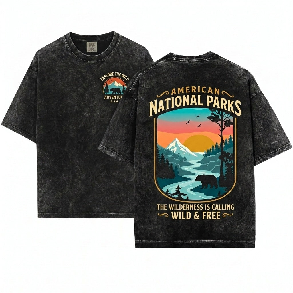 Retro Wilderness Bear River Mountain Forest Nature Rustic Outdoor Explorer Style Wildlife Gift Unisex Wash T-Shirt