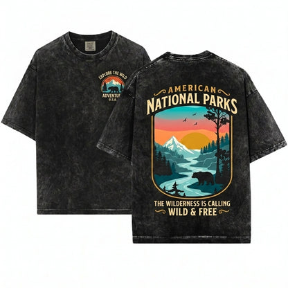 Retro Wilderness Bear River Mountain Forest Nature Rustic Outdoor Explorer Style Wildlife Gift Unisex Wash T-Shirt
