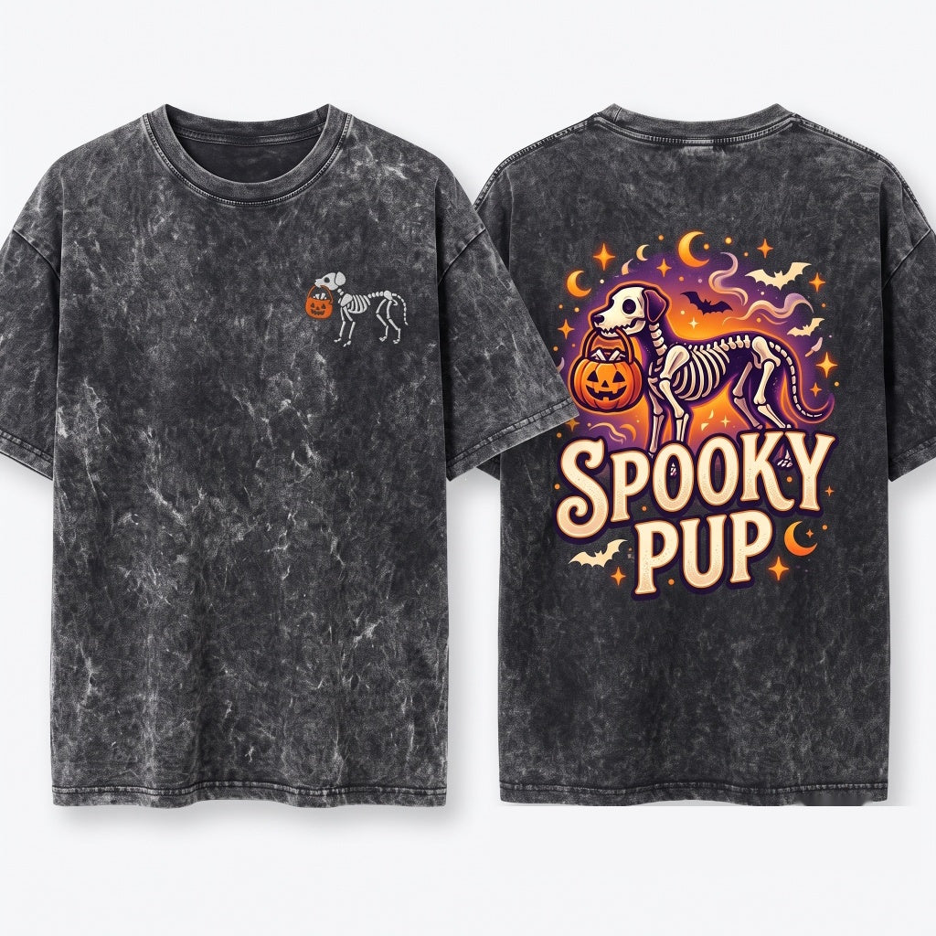 Embroidered Skeleton Dog Halloween Trick Treat Spooky Pet Lover Cozy Fall Boo Gift Unisex Wash T-Shirt