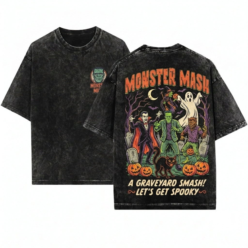 Monster Mash Retro Vintage Horror Frankenstein Dracula Wolfman Ghost Apparel Unisex Wash T-Shirt