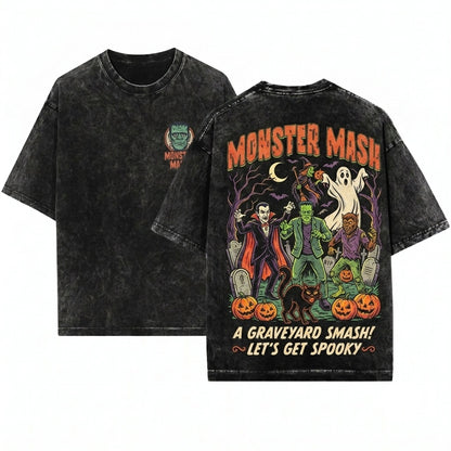 Monster Mash Retro Vintage Horror Frankenstein Dracula Wolfman Ghost Apparel Unisex Wash T-Shirt