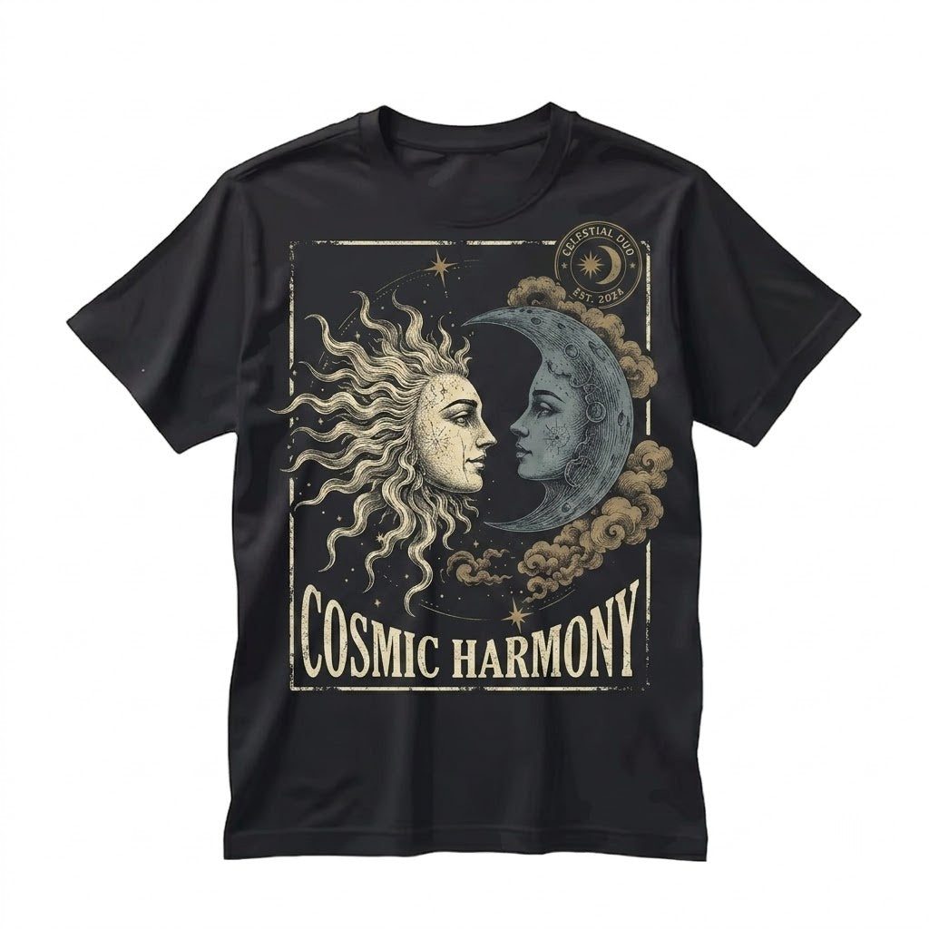 Sun Moon Balance Celestial Astrology Graphic Top in Pepper Vintage Wash, Unisex TShirt