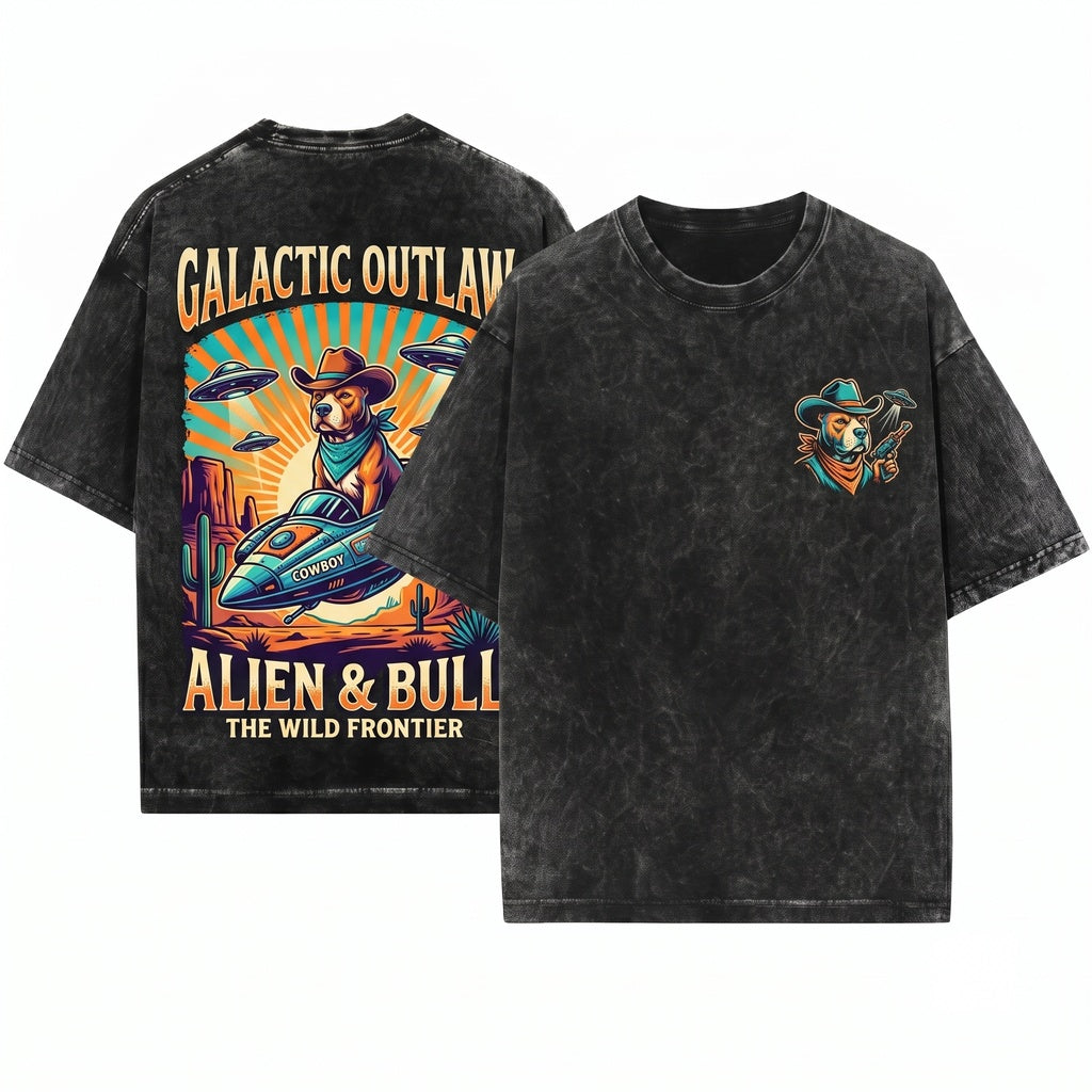 Vintage Retro Western Cowboy Pitbull UFO Alien Dog Owner Gift Unisex Wash T-Shirt