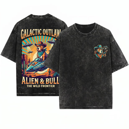 Vintage Retro Western Cowboy Pitbull UFO Alien Dog Owner Gift Unisex Wash T-Shirt