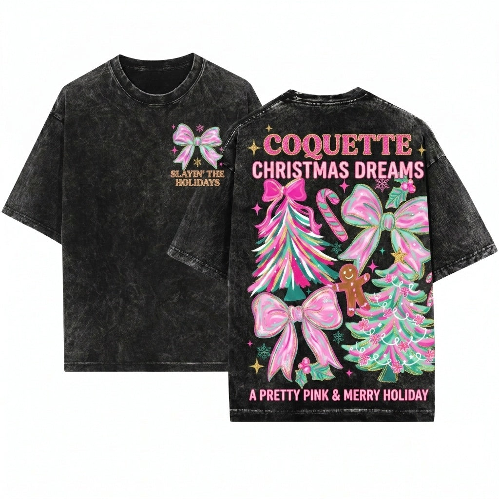 Floral Brushstroke Christmas Tree Bow Merry Bright Coquette Gingerbread Pink Blue Unisex Wash T-Shirt