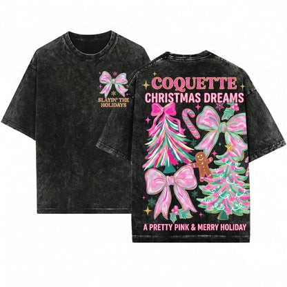 Floral Brushstroke Christmas Tree Bow Merry Bright Coquette Gingerbread Pink Blue Unisex Wash T-Shirt