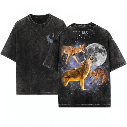 Three Coyote Retro Vintage Moon Oversized Funny Graphic Unisex Wash T-Shirt