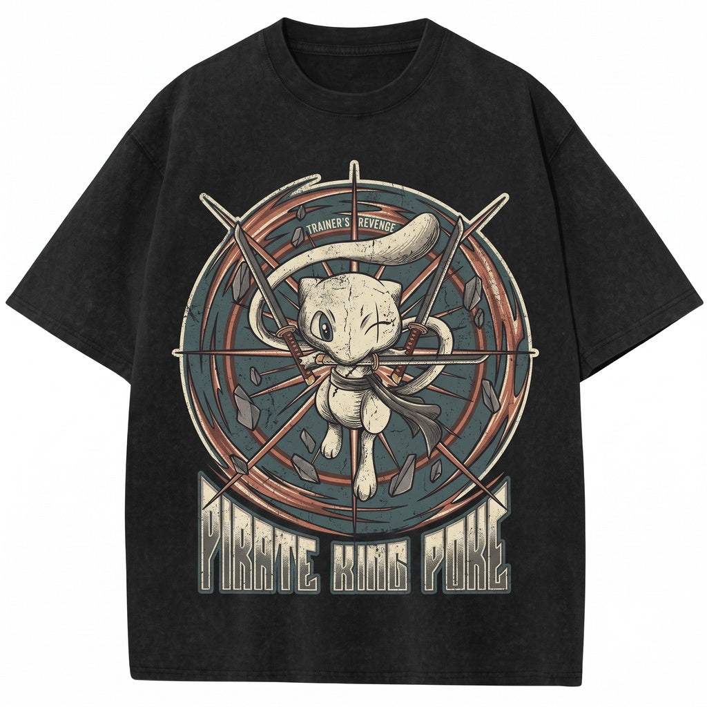 Vintage Pirate Swordsman Cat Washed Graphic Retro Japanese Manga Crossover Apparel Unisex TShirt