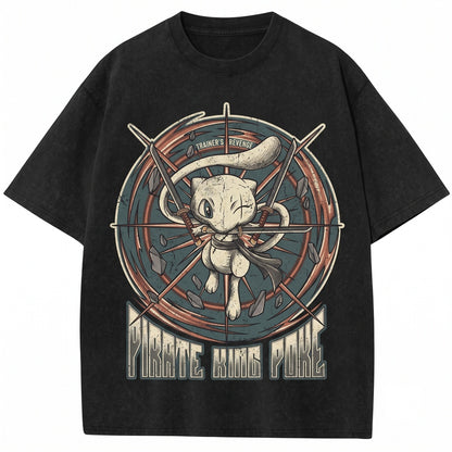 Vintage Pirate Swordsman Cat Washed Graphic Retro Japanese Manga Crossover Apparel Unisex TShirt