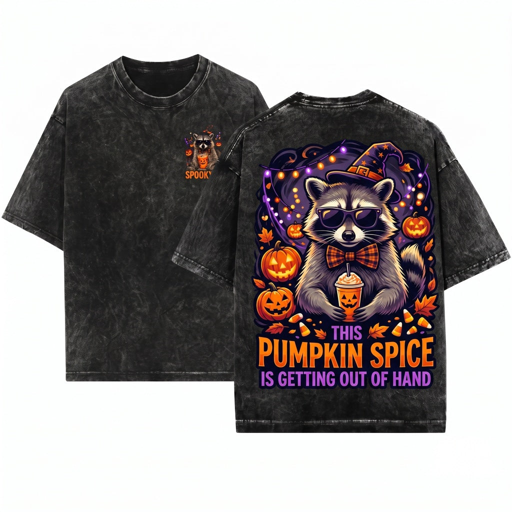 Funny Halloween Raccoon Drinking Pumpkin Spice Latte Spooky Season Fall Graphic Unisex Wash T-Shirt