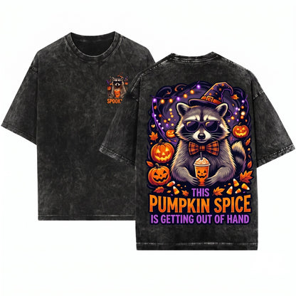 Funny Halloween Raccoon Drinking Pumpkin Spice Latte Spooky Season Fall Graphic Unisex Wash T-Shirt