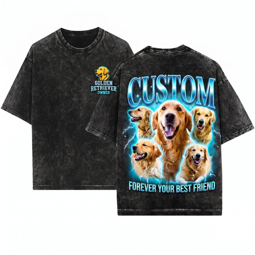 Personalized Pet Photo Name Retro Vintage Dog Cat Portrait Graphic Unisex Wash T-Shirt