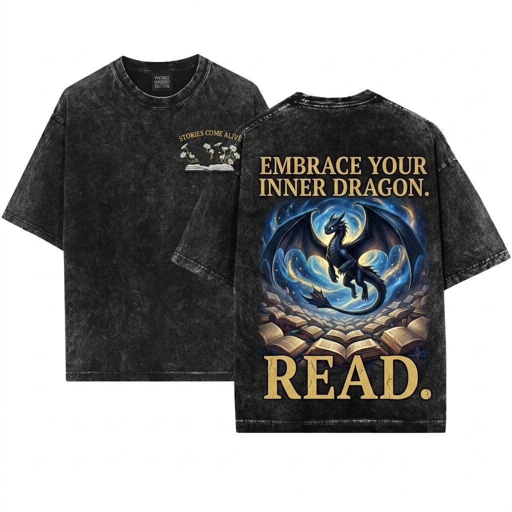 Dragon & Daisies Embroidered Cute Fantasy Reader Unisex Wash T-Shirt