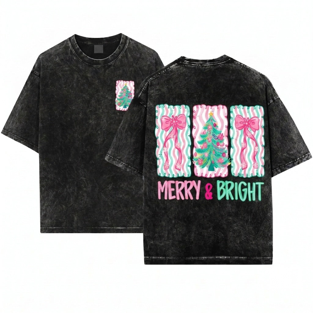 Floral Preppy Christmas Tree Bow Merry Bright Coquette Pink Blue Unisex Wash T-Shirt