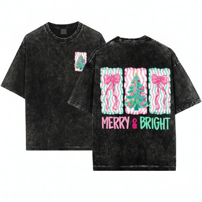 Floral Preppy Christmas Tree Bow Merry Bright Coquette Pink Blue Unisex Wash T-Shirt