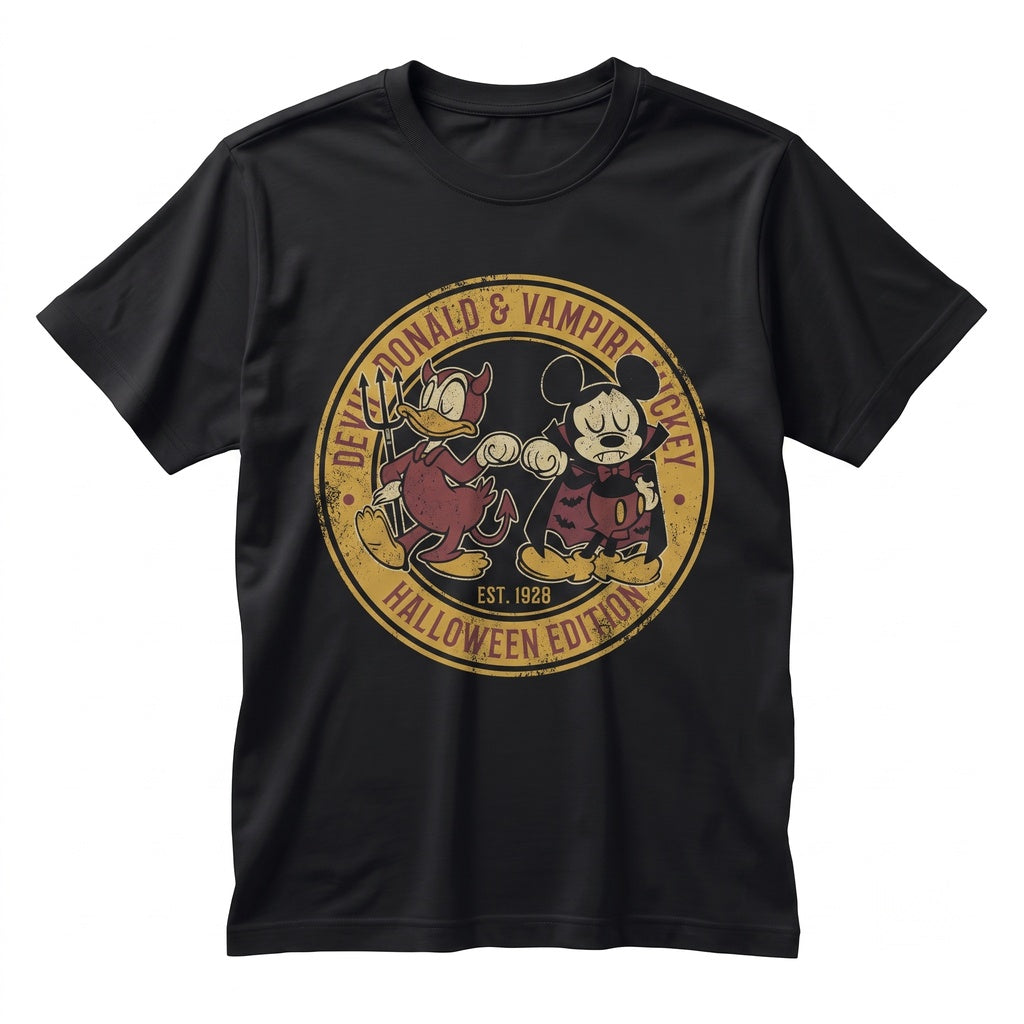 Spooky Retro Cartoon Friends Halloween Checkered Vampire Devil Theme Park Trip Graphic Unisex TShirt