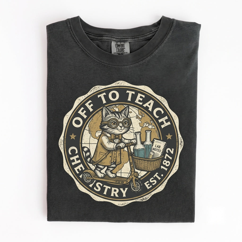 Science Cat Scooter Graphic Chemistry Teacher Laboratory Humor Nerdy Classroom Experiment Gift Apparel Unisex TShirt