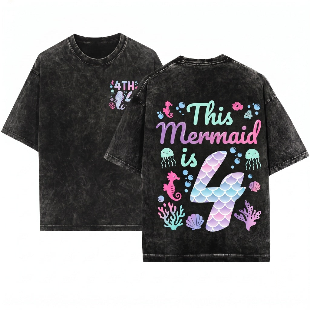 Mermaid 4th Birthday Girl Magical Ocean Party Graphic Underwater Princess Celebration Gift Unisex Wash T-Shirt