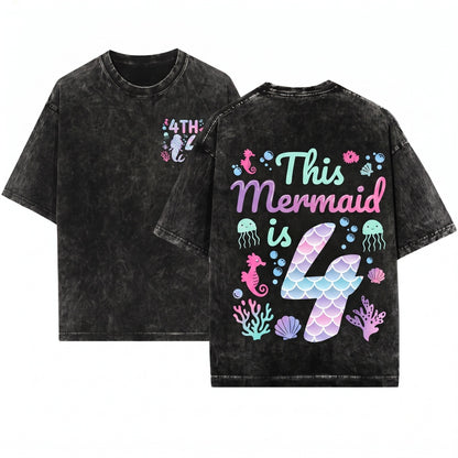 Mermaid 4th Birthday Girl Magical Ocean Party Graphic Underwater Princess Celebration Gift Unisex Wash T-Shirt