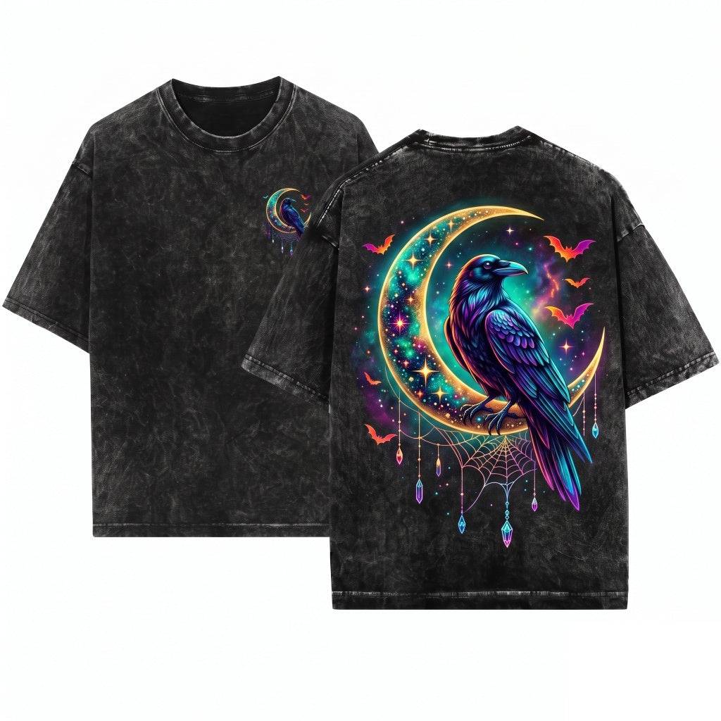 Raven Moon Gothic Crow Graphic Dark Academia Witchy Celestial Horror Aesthetic Gift Unisex Wash T-Shirt