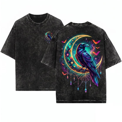 Raven Moon Gothic Crow Graphic Dark Academia Witchy Celestial Horror Aesthetic Gift Unisex Wash T-Shirt