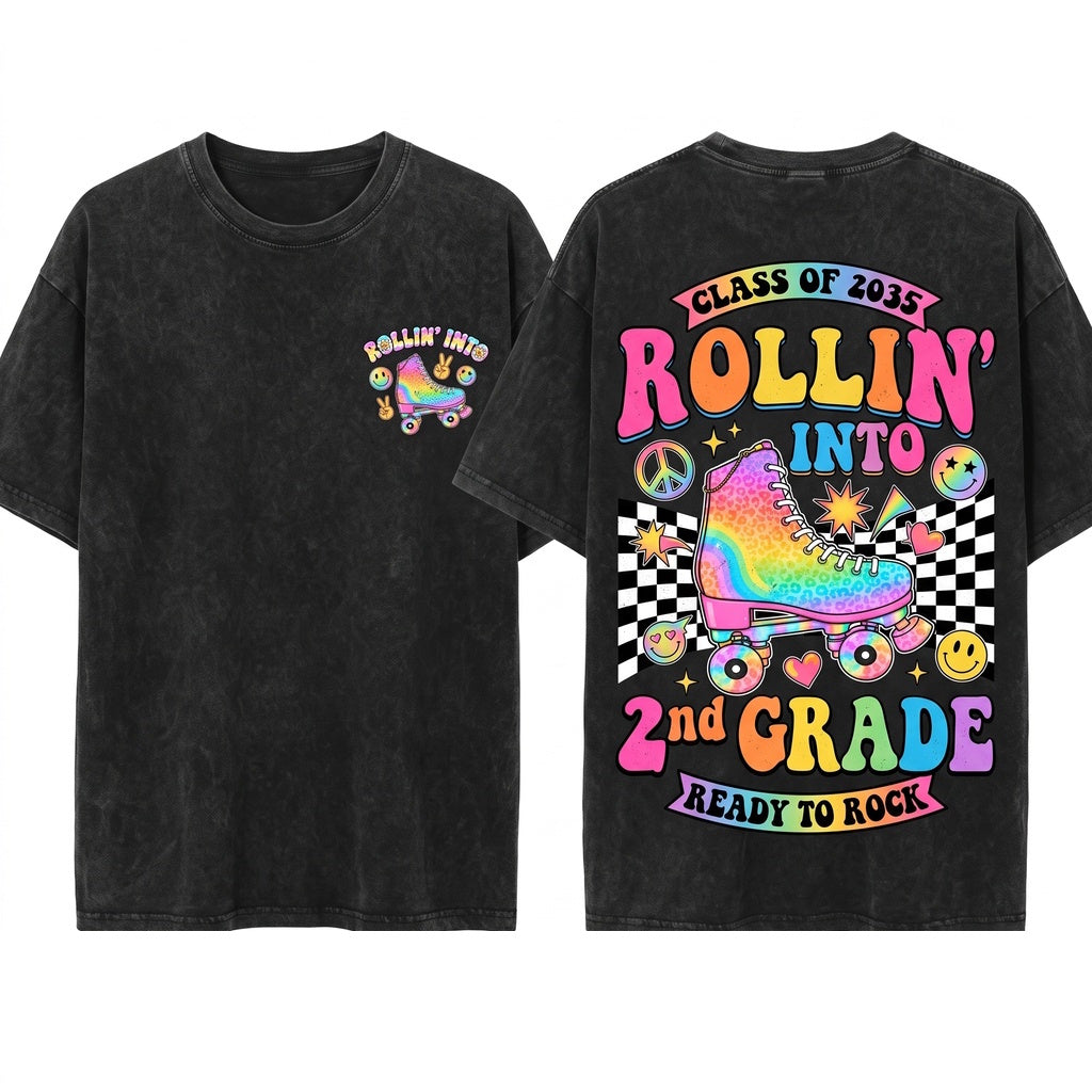 Retro Back to School Roller Skate Colorful Checker Custom Name Grade Kids Youth Toddler Unisex Wash T-Shirt