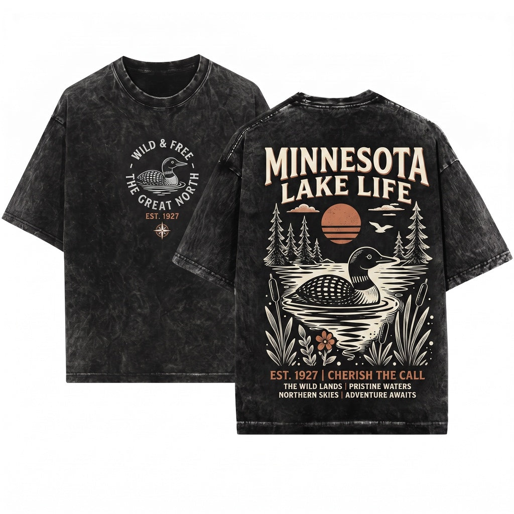 Vintage Old School Loon Lake Wildlife Nature Bird Rustic Outdoor Graphic Style Gift Unisex Wash T-Shirt