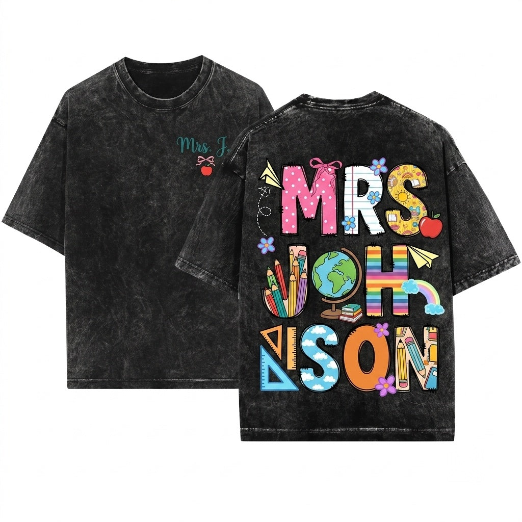 Custom Teacher Name Doodle Personalized Mrs Cute Back To School Trendy Appreciation Gift Unisex Wash T-Shirt
