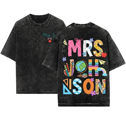 Custom Teacher Name Doodle Personalized Mrs Cute Back To School Trendy Appreciation Gift Unisex Wash T-Shirt