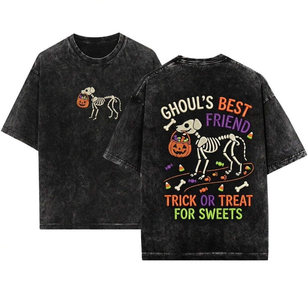Skeleton Dog Embroidered Cute Halloween Spooky Season Puppy Lover Gift Boo Basket Fall Unisex Wash T-Shirt