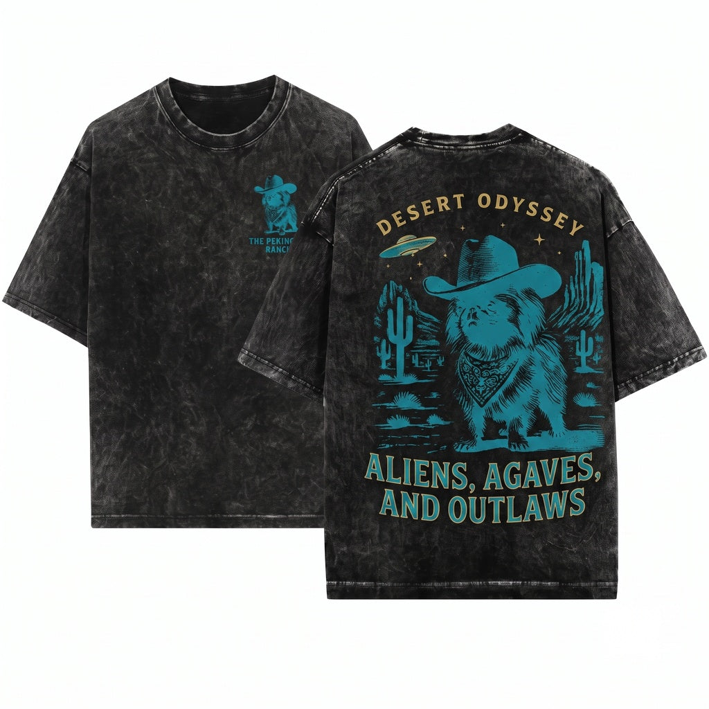 Vintage Pekingese UFO Western Cowboy Retro Alien Dog Owner Gift Unisex Wash T-Shirt