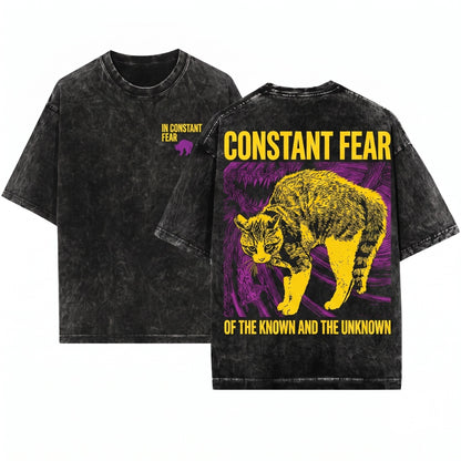 In Constant Fear of the Known and Unknown Vintage Japanese Cat Unisex Wash T-Shirt