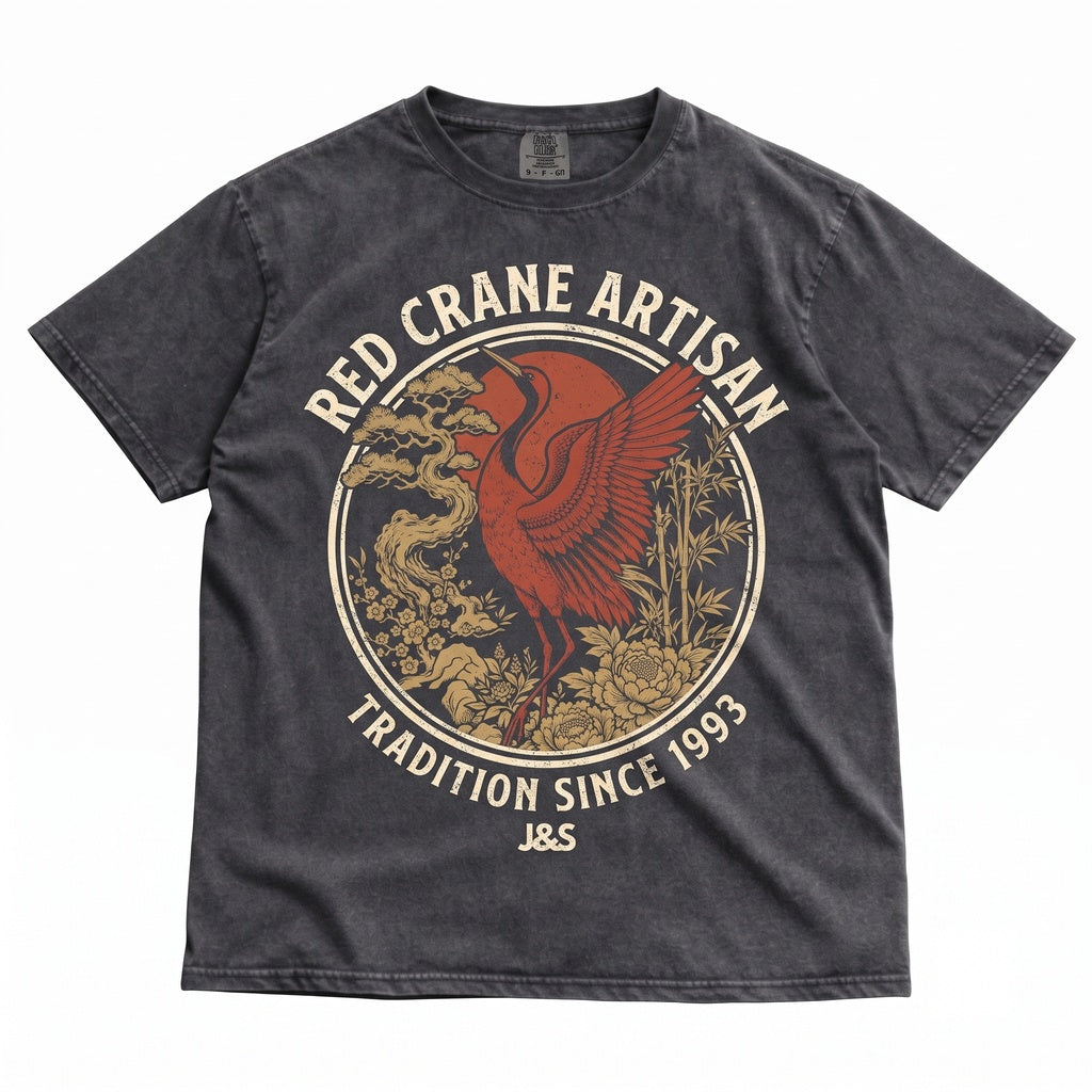 Vintage Japanese Crane Graphic Art, Red Sun Asian Bird Floral Nature Aesthetic Gift Unisex TShirt