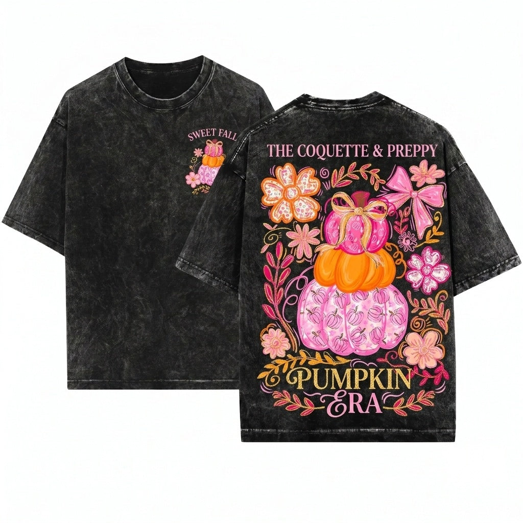 Preppy Glitter Pink Floral Boho Colorful Trendy Thanksgiving Pumpkin Season Unisex Wash T-Shirt