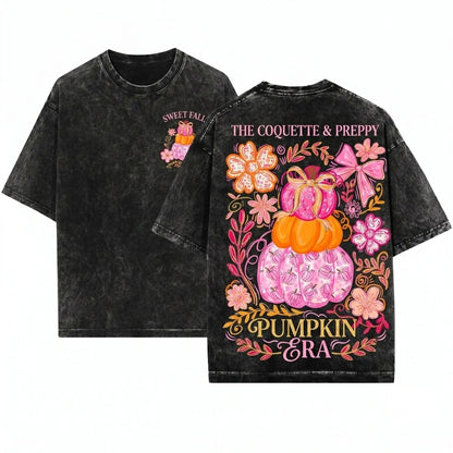 Preppy Glitter Pink Floral Boho Colorful Trendy Thanksgiving Pumpkin Season Unisex Wash T-Shirt