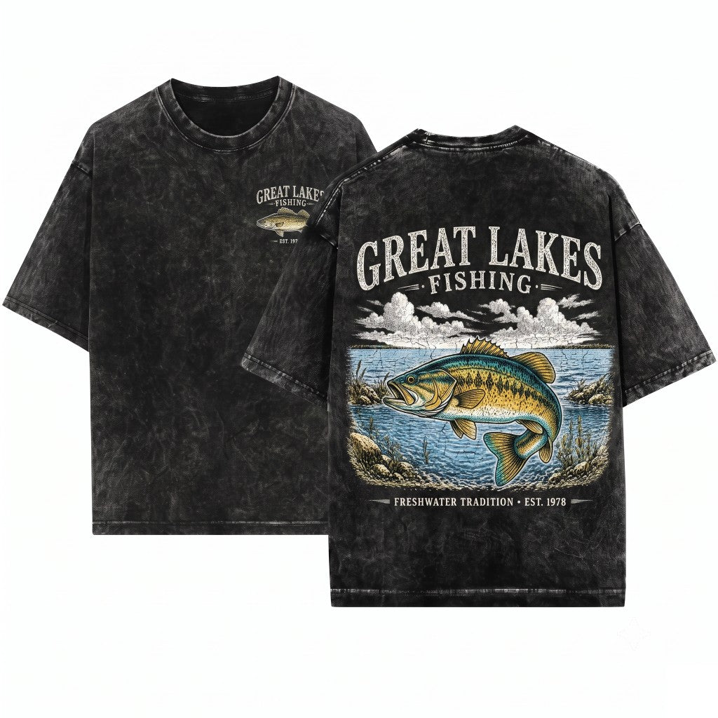 Great Lakes Fishing Retro 90s Freshwater Tradition Artistic Walleye Nature Top Vintage Fisherman Gift Unisex Wash T-Shirt