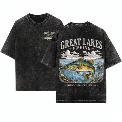Great Lakes Fishing Retro 90s Freshwater Tradition Artistic Walleye Nature Top Vintage Fisherman Gift Unisex Wash T-Shirt