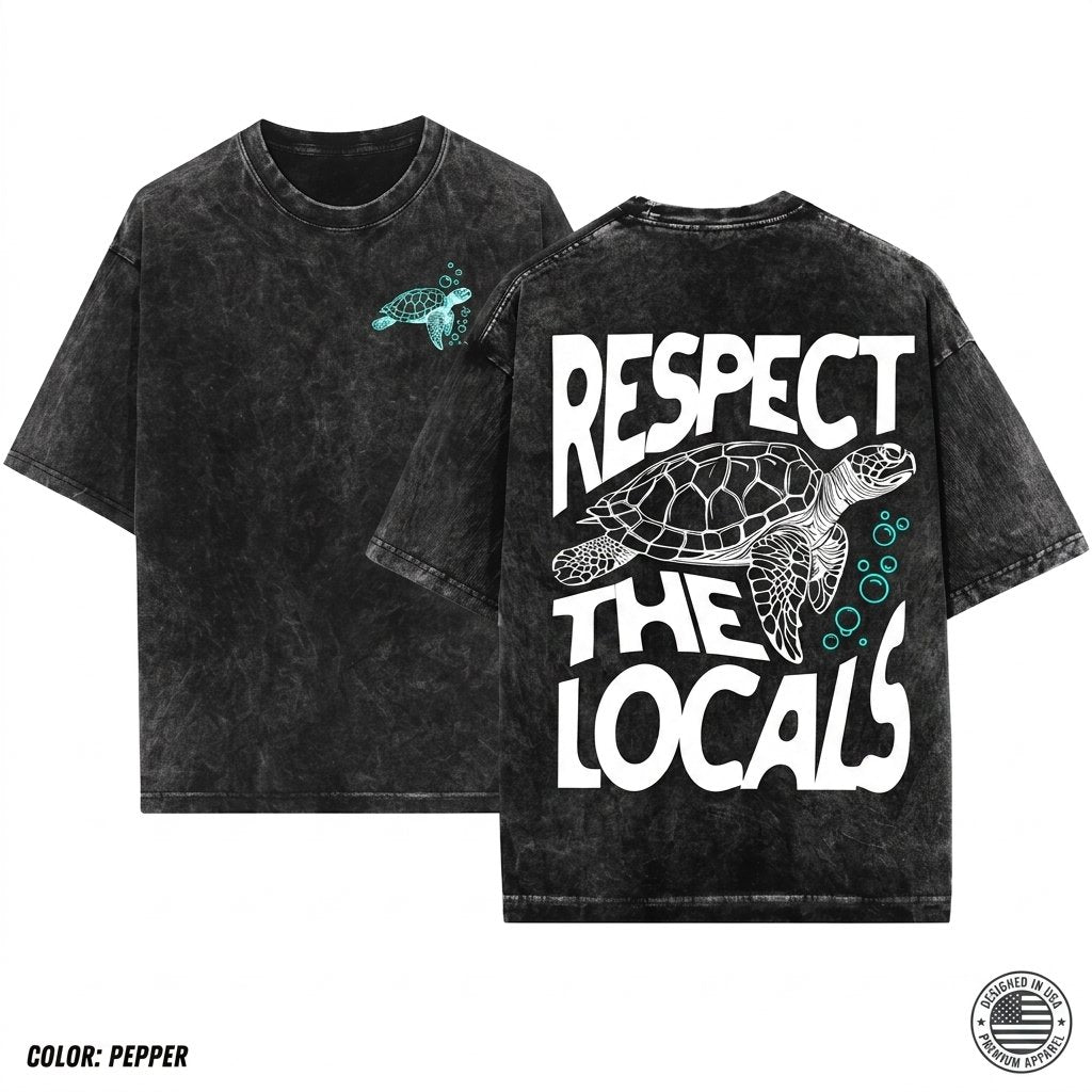 Respect The Locals Turtle Vintage Surfing Save Ocean Beach Unisex Wash T-Shirt