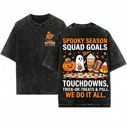 Cute Cozy Autumn Fall Halloween Pumpkin Ghost Football Coffee Candy Corn Doodles Unisex Wash T-Shirt