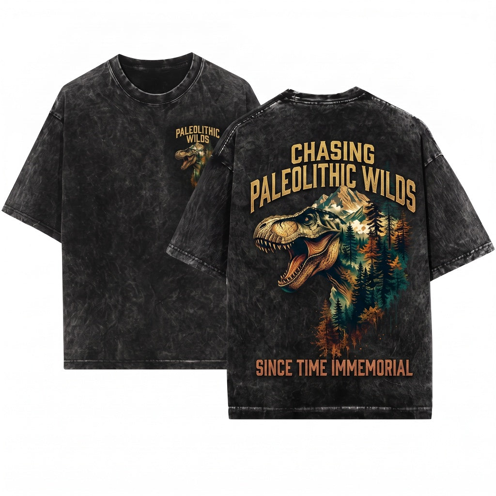 Retro Tyrannosaurus Rex Prehistoric Forest Mountain Graphic Gift Unisex Wash T-Shirt