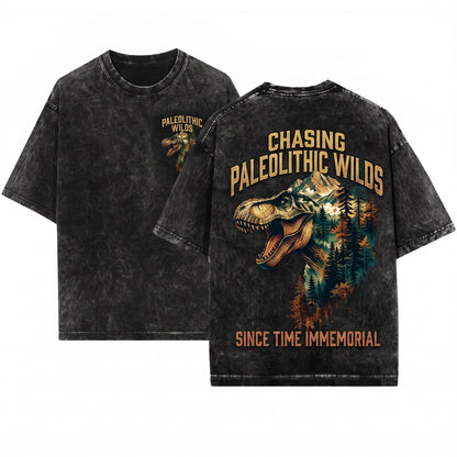 Retro Tyrannosaurus Rex Prehistoric Forest Mountain Graphic Gift Unisex Wash T-Shirt